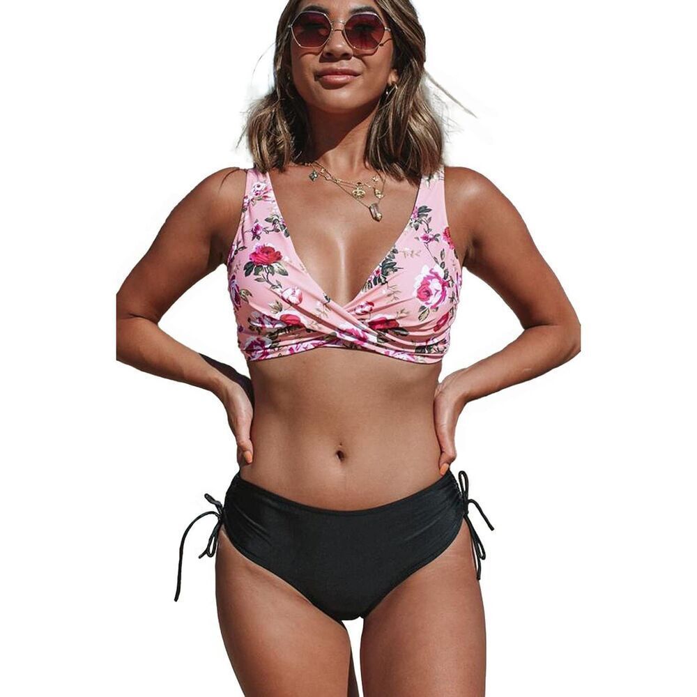 Beachsissi bikini with black bottoms and  pink floral top size L